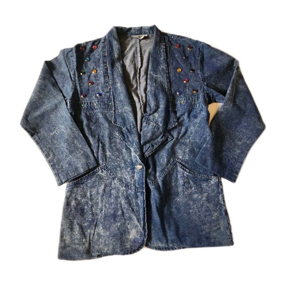 90's City Girl Denim Beaded Bejeweled Blazer Jacket Sz 16
